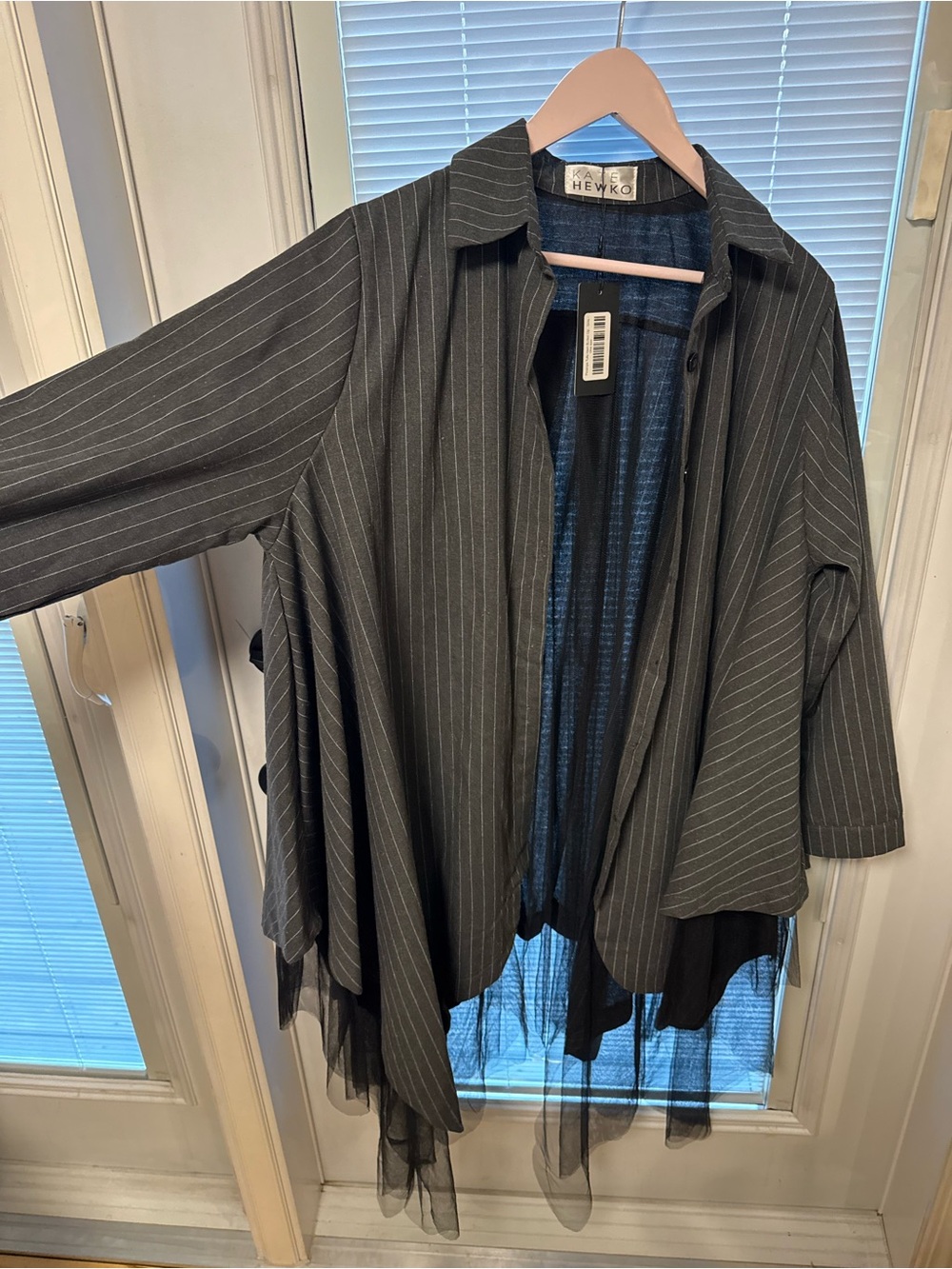 Black Pinstripe Draped Button Up with Sheer Hem